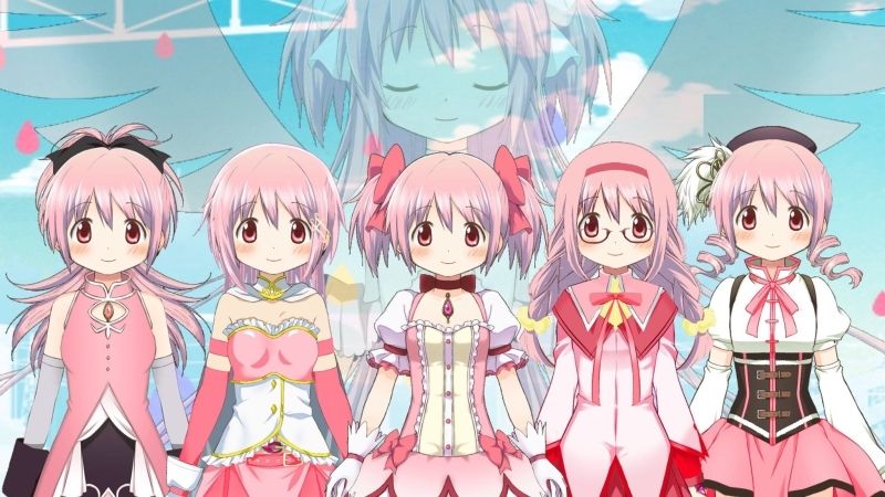 Chibi ảnh anime nhóm 5 người nữ tạo dáng dưới ánh trăng