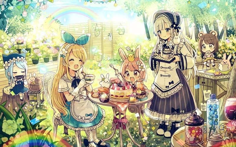 Chibi ảnh anime nhóm 5 người nữ với trang phục pastel dễ thương