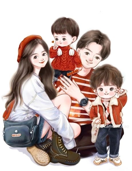 Ảnh gia đình hạnh phúc hoạt hình chibi đẹp như tranh