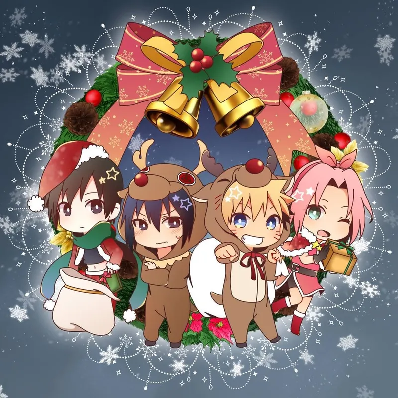 Hình ảnh chibi anime giáng sinh dễ thương với ông già Noel nhí nhảnh.