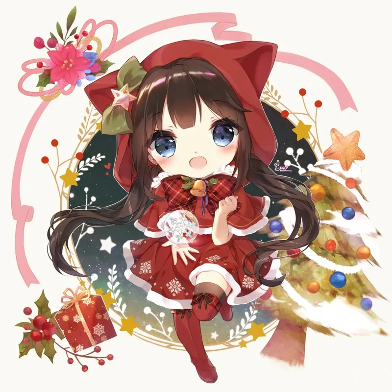 Hình ảnh chibi anime giáng sinh ngộ nghĩnh với nụ cười rạng rỡ.